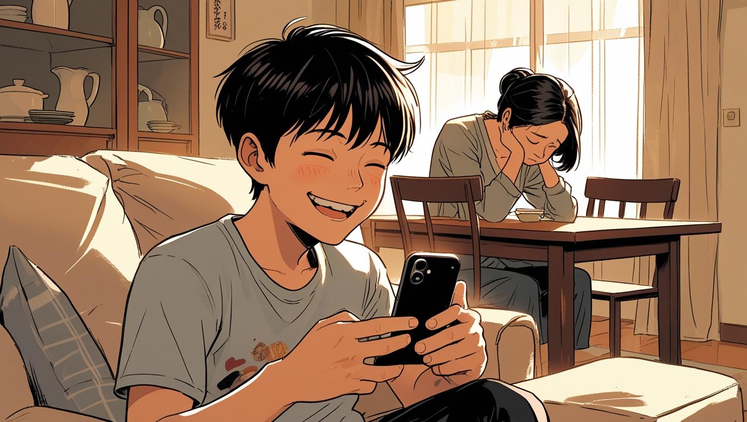 不登校の親子のイラストを書いてほしいです。 日本人の高校生の息子がソファに座って楽しそうに笑ってスマホでゲームしている。その後ろにある食卓で、45才くらいの母親がうつむいて悲しんでいる様子を書いてください。