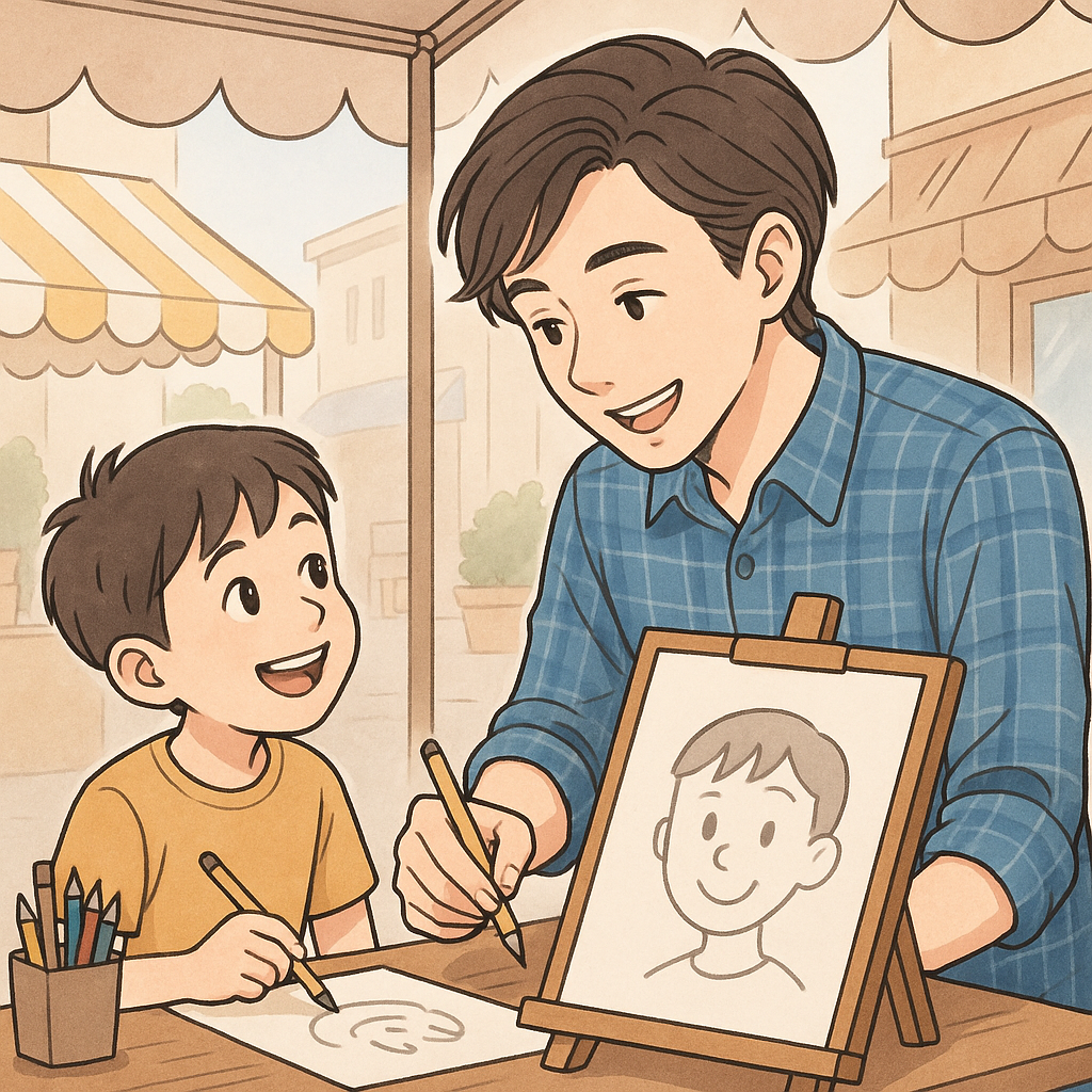 小学生に得意のイラストの描き方を教える彼の画像
