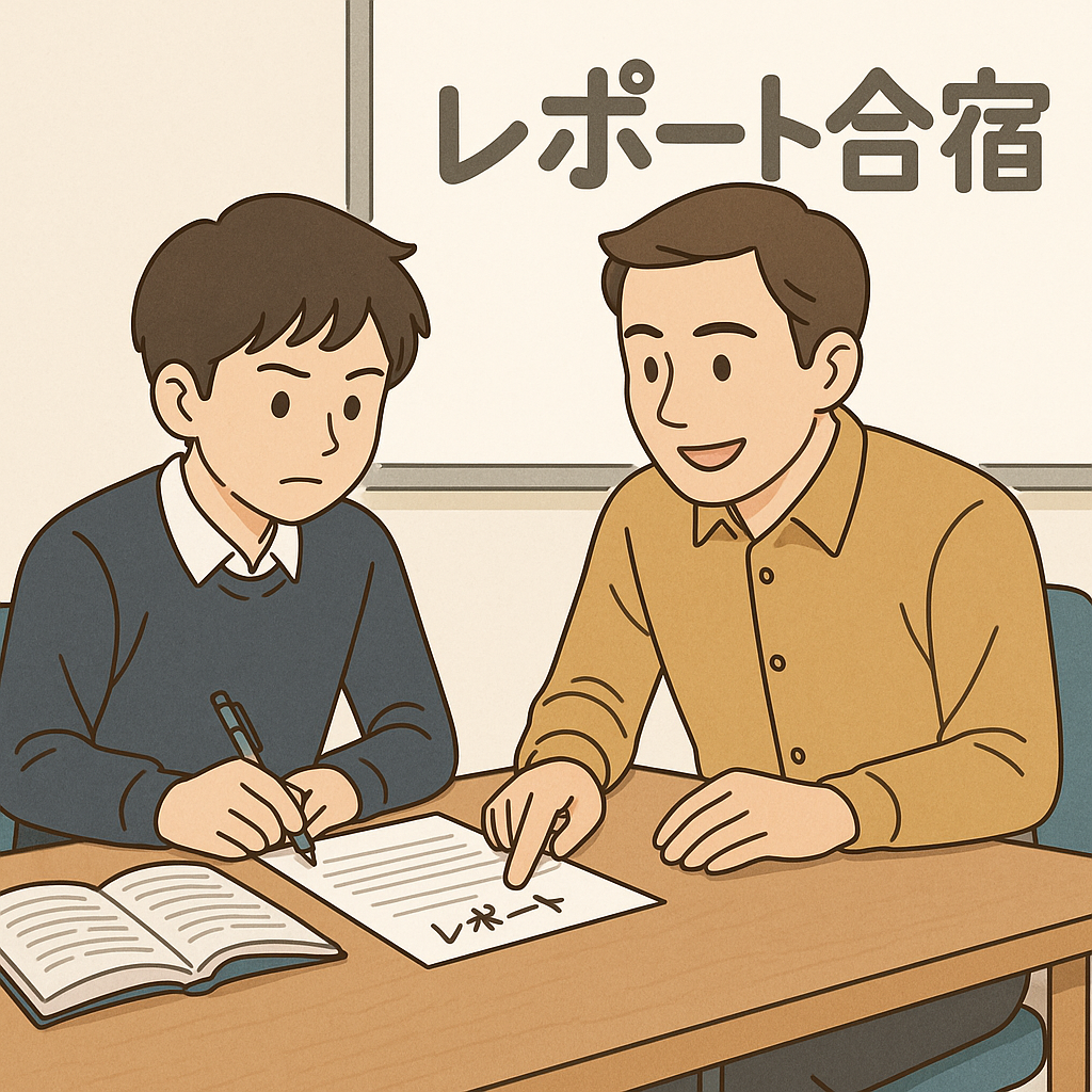 レポート合宿でスタッフと一緒にレポート作成をする少年