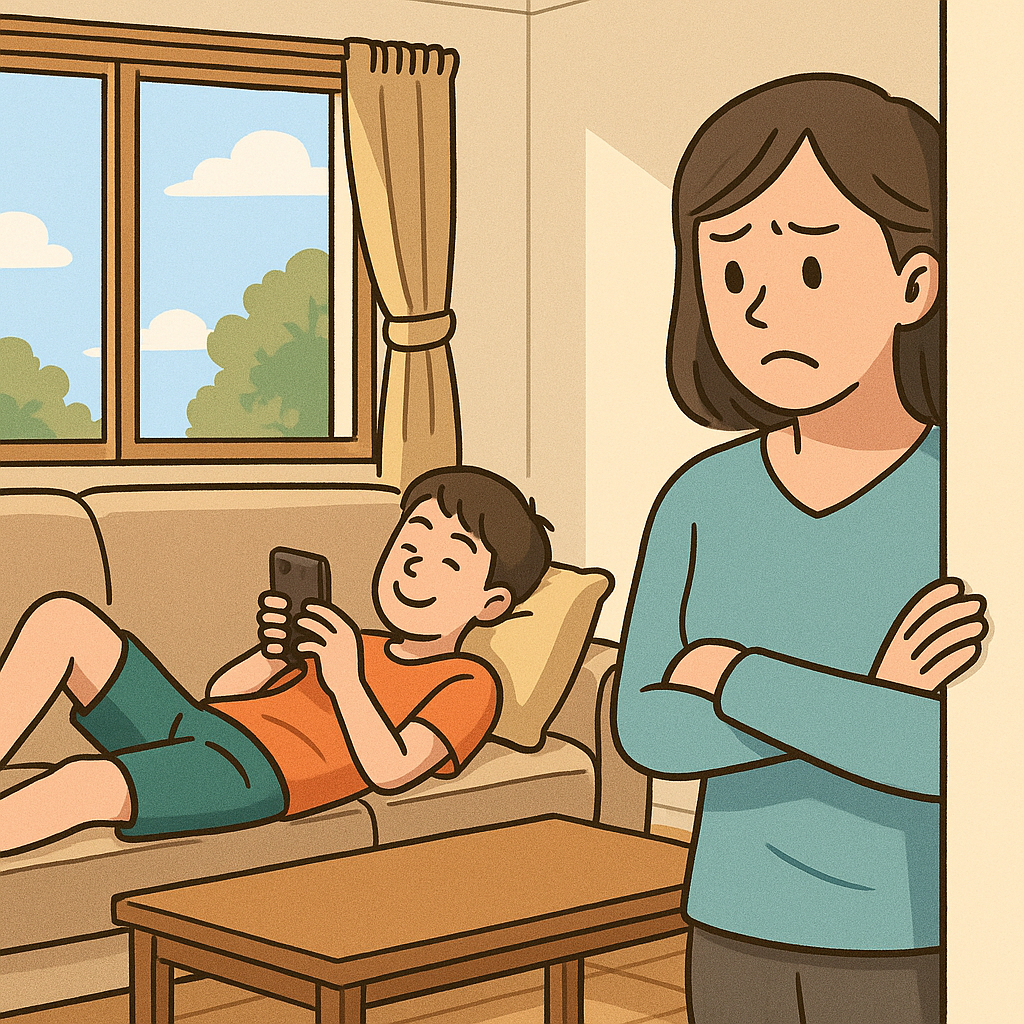 ソファに寝転んでスマホを楽しそうに見ている少年と　悩まし気に見つめる母親